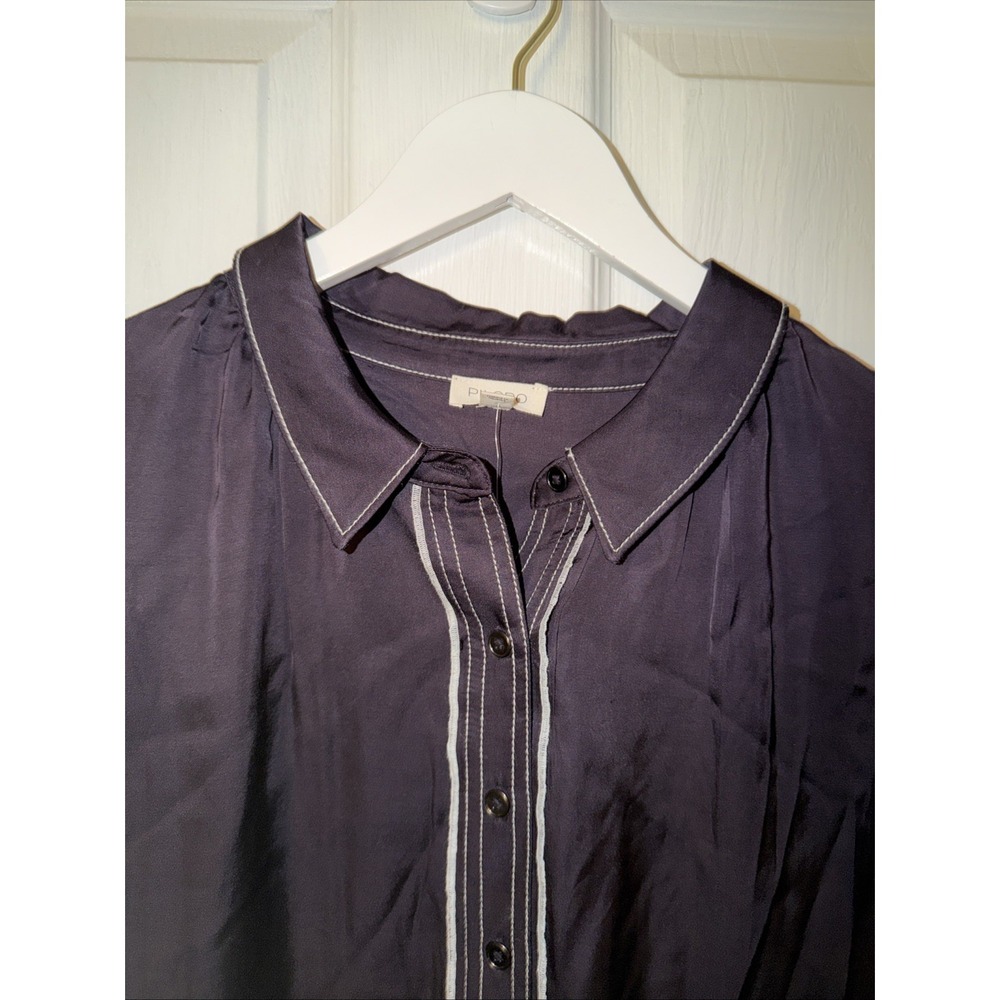 NEW! Pilcro Anthropologie Longline Silky Top Shirt Women's XL Navy Button - Picture 2 of 6
